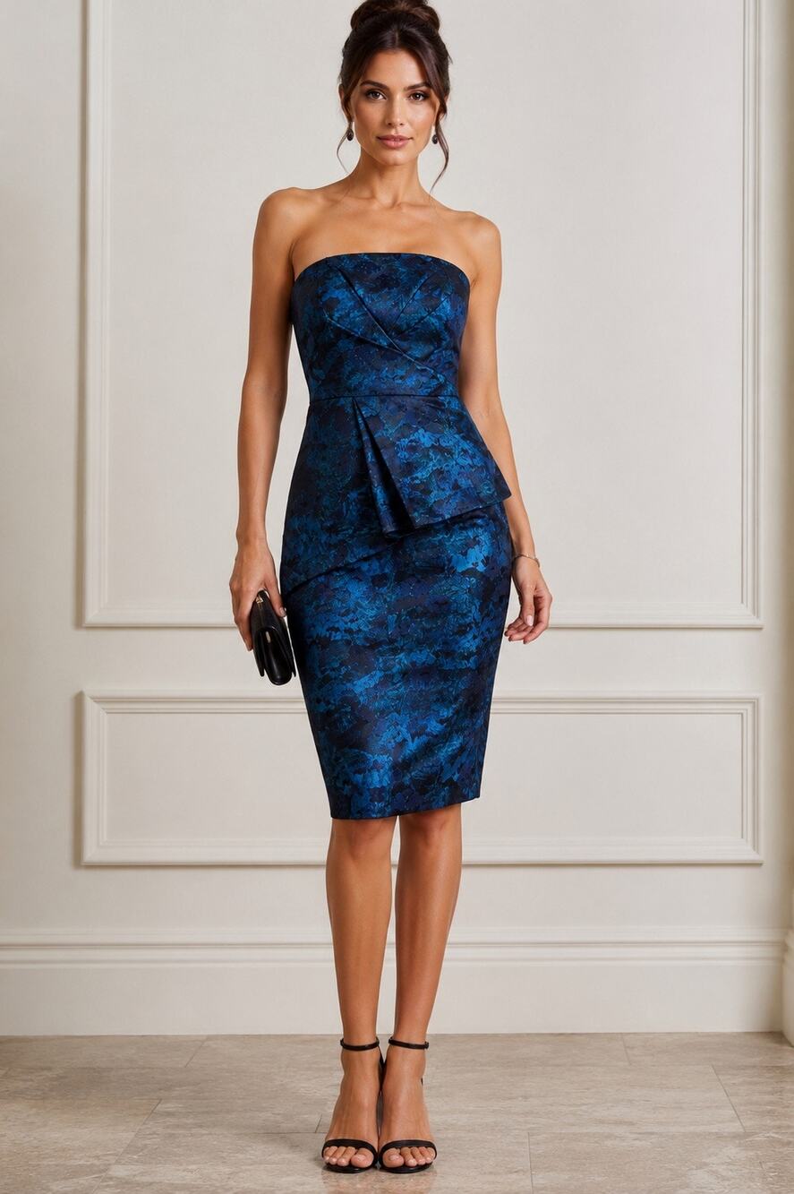 Pamella Roland Strapless Blue Floral Jacquard Tiered Pleated Midi Dress 10 NWT